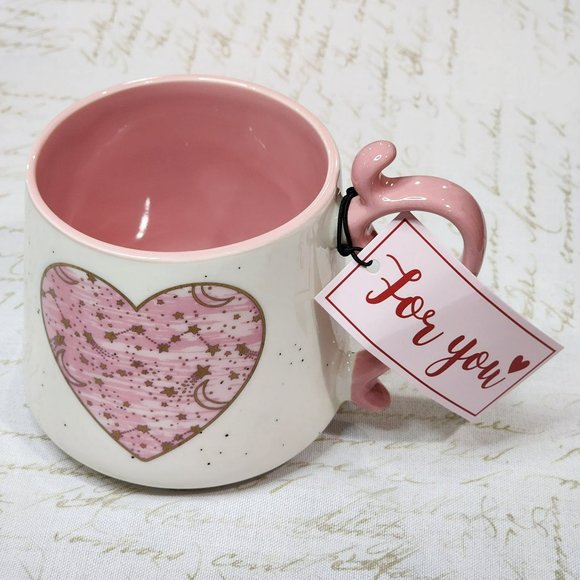 Shabby Chic White And Pink‎ Ceramic Coffee Mug Hearts Pattern 16 Oz - Picture 2 of 12